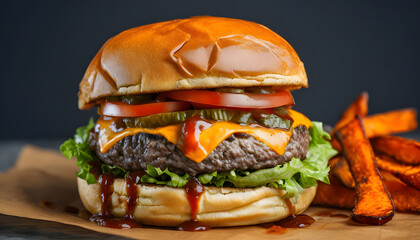 A gourmet burger with a brioche bun, layered with a juicy beef patty, melted cheddar cheese, crisp lettuce, tomato slices, and a dollop of barbecue sauce, accompanied by a side of sweet potato fries.