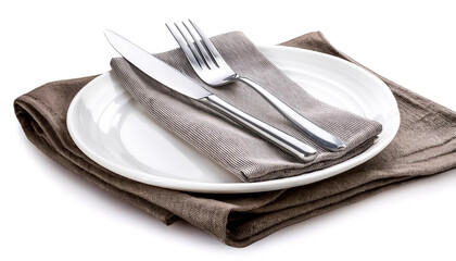 Wall Mural - A white ceramic plate with a fork and knife, isolated on white background