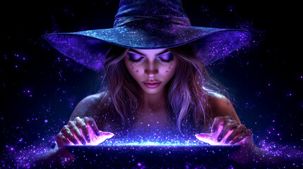 Poster - A woman in a purple hat is looking into a glowing orb