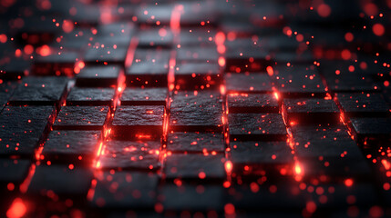 Wall Mural - illuminated black tiles showcasing glowing red particles in a darkened environment