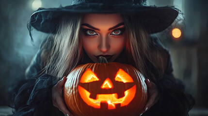 Wall Mural - A woman in a witch costume holding a pumpkin with a smile on her face