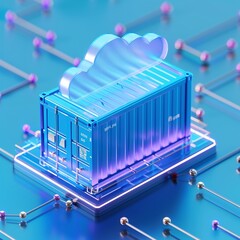 Wall Mural - Digital illustration of cloud computing and containerization technology concept, featuring a blue container on a circuit board.