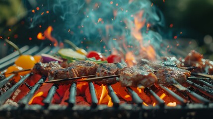 Skewers of meat and vegetables cooking on a smoky barbecue grill create an enticing image full of vibrant colors and delicious scents, perfect for summer gatherings and outdoor grilling.