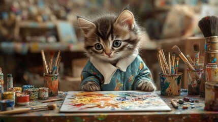 A kitten in a painter’s smock creates art on canvas in a vibrant, cluttered art studio.