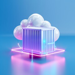 Wall Mural - Futuristic concept of cloud computing with a container and neon lights on a blue background, symbolizing data storage and technology.