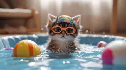 A playful kitten with a swim cap and goggles splashes joyfully in a toy pool, surrounded by colorful floating toys.