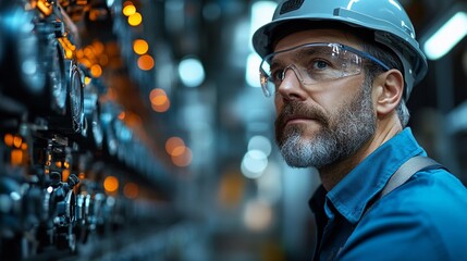 Wall Mural - Focused Industrial Worker: A seasoned industrial worker, clad in safety gear, intently inspects a complex machinery panel, his focused gaze and furrowed brow reflect a dedication to precision.