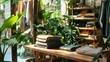 © VK Studio - A sleek and stylish boutique store filled with neatly folded clothes and lush green plants in a sunlit corner.