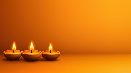 Three Lit Diyas on Orange Background