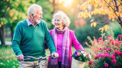 Sticker -  elderly couples walking with a bicycle