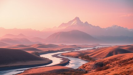 Wall Mural - A winding river flows through a valley surrounded by rolling hills and snow-capped mountains at sunset.