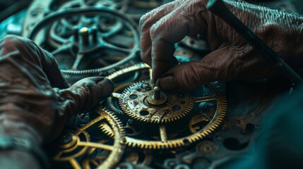 Skilled hands carefully adjusting a complex network of vintage clock gears, reflecting dedication to meticulous craftsmanship.