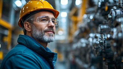 Wall Mural - Industrial Expertise: A seasoned engineer, wearing safety gear, gazes thoughtfully at a complex machinery backdrop.  His focused expression embodies a dedication to precision, problem-solvin.