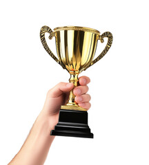 kid hand with trophy cup isolated on white background.