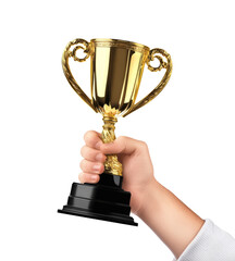 kid hand with trophy cup isolated on white background.