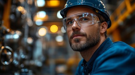 Wall Mural - Focused Determination: A close-up portrait of a dedicated industrial worker, his gaze intense as he monitors machinery in a busy factory setting. The image captures the grit and focus of blue-collar.