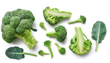 Whole and half sliced Fresh green broccoli with green leaves isolated on white background