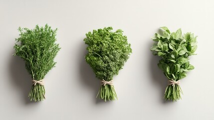 Bundles of fresh herbs including rosemary, parsley, and basil on a light background