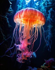 Wall Mural - A mesmerizing image of a glowing jellyfish drifting through the deep ocean. The ethereal lighting and translucent tentacles create a magical and mysterious atmosphere, highlighting the jellyfish's