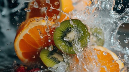 A dynamic capture of fresh citrus slices and kiwi splashing into water. The energetic motion and vivid colors make this image ideal for promoting healthy, refreshing beverages.