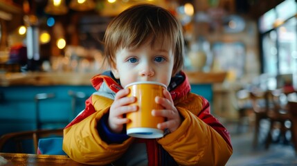 A child with blue eyes and a cozy coat sips from a colorful mug inside a warm café, capturing a serene moment of childhood innocence and comfort.