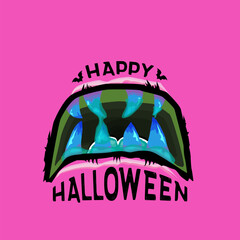 Wall Mural - Pink vector Happy Halloween greeting card and poster with funny monster mouth and text. Cartoon vampire and zombie fangs. Cartoon funny zombie monster open mouth with drooling green slime