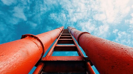 Low angle view of two tall red pipes rising into a bright blue sky with scattered clouds, depicting an industrial or architectural element reaching upwards.