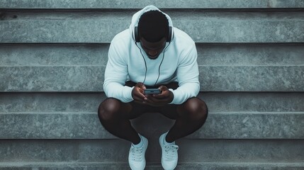 A person dressed in casual athletic wear is seated on steps, deeply engaged in listening to music on headphones, with a contemplative expression, emphasizing personal time and relaxation.