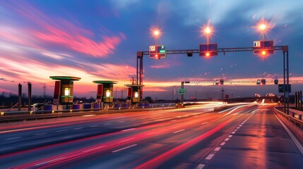 Wall Mural - Light trails of high-speed vehicles blur across a toll booth at dusk, set against a vibrant sunset sky, capturing motion and evening rush.