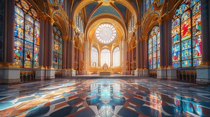 a large, empty church with stained glass windows