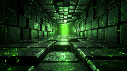 Wall Mural - a green-lit tunnel made of textured bricks leads to a glowing exit, creating a sense of depth and my