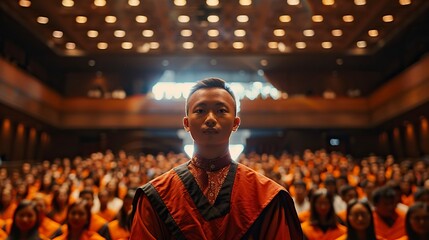 Wall Mural - ultra long shot of a young indonesian grad student confidently presenting in a stage in front of a diverse audience, in a university or international conference setting, generative ai. 