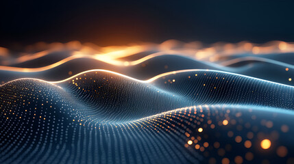 Wall Mural - abstract digital landscape with glowing waves and particles illuminated in a dark space, creating a 