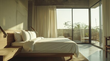 Wall Mural - A serene bedroom bathed in natural light, with minimalist, modern furnishings and a large window offering a tranquil view of nature outside.