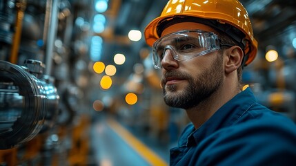 Wall Mural - Industrial Focus: A close-up portrait of a focused industrial worker, his eyes reflecting the intensity of the machinery around him, showcasing the dedication and precision required in manufacturing. 