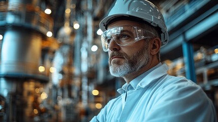 Wall Mural - Industrial Engineer: A  bearded man in a hard hat and safety glasses, looks intently into the distance as he stands in a large industrial facility. A sense of focus and determination radiates from him