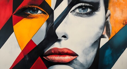 Wall Mural - 2. **Modern face art featuring bold geometric shapes and contrasting hues, creating a striking composition**