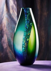 Wall Mural - Colorful Decorative glass vase with green and blue pattern on the table. Close up. ai generative