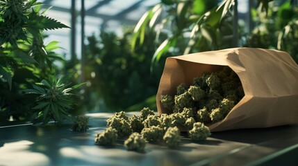 A close-up of a brown paper bag spilling cannabis buds in a lush greenhouse.