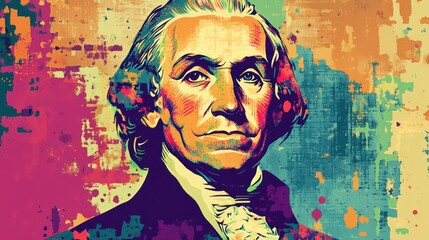 A vibrant, artistic portrayal of a historical figure with a colorful background.