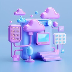 Wall Mural - Colorful 3D illustration of cloud computing technology with modern digital components and floating clouds on a blue background.