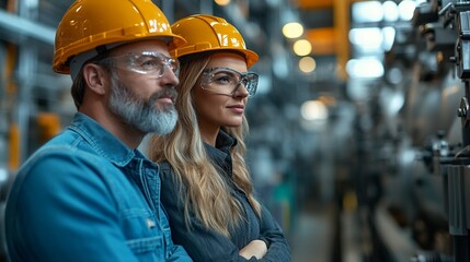 Wall Mural - Industry Leaders: A focused look at a male and female engineer wearing hard hats and safety glasses, in a factory setting. Their expressions convey a sense of dedication, expertise, and shared respons