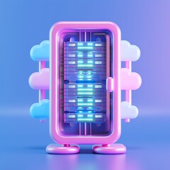 Poster - Colorful 3D rendering of a futuristic cloud server with neon lights and vibrant colors, representing modern data storage technology.