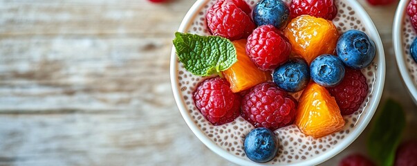 Healthy Chia Seed Pudding with Fresh Fruit on Light Wooden Table | Nourishing Breakfast or Snack Concept with Copy Space | Natural Sunlight Photography