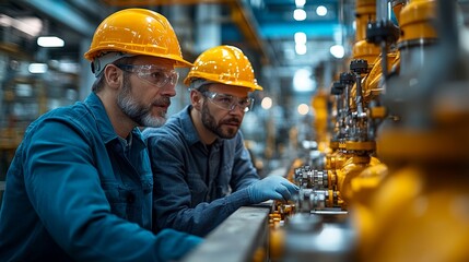 Wall Mural - Industrial Expertise: Two skilled factory workers, wearing safety gear, intently examine machinery in a bustling industrial setting, showcasing their dedication and expertise.