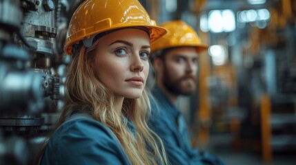 Wall Mural - Industrial Strength: A woman in a blue jumpsuit and yellow hard hat stares intently at the camera, her focus unwavering in the midst of a bustling industrial setting. Her male colleague stands beside 