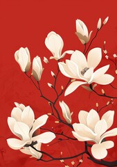 Poster - White magnolia blooms on red