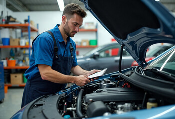 Wall Mural - Mechanic inspecting a car engine in a well-organized workshop, bright lighting.







