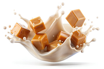 Wall Mural - Milk splash and pouring caramel cubes isolated on white background. clipping path