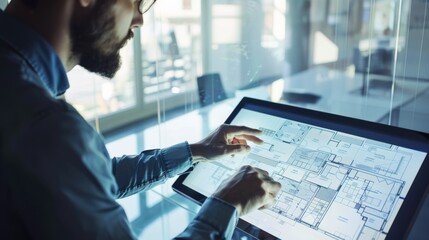 An architect or designer intently works on a digital touch screen with architectural blueprints, contributing to modern, innovative, and precise building planning.